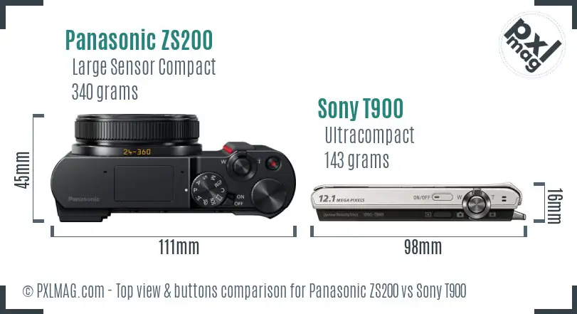 Panasonic ZS200 vs Sony T900 top view buttons comparison Panasonic ZS200 vs Sony T900 top view buttons comparison