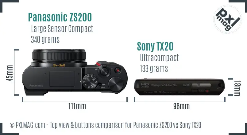 Panasonic ZS200 vs Sony TX20 top view buttons comparison
