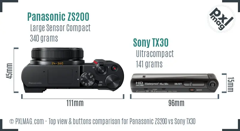 Panasonic ZS200 vs Sony TX30 top view buttons comparison