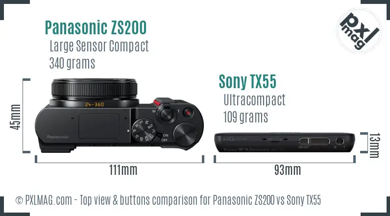 Panasonic ZS200 vs Sony TX55 top view buttons comparison