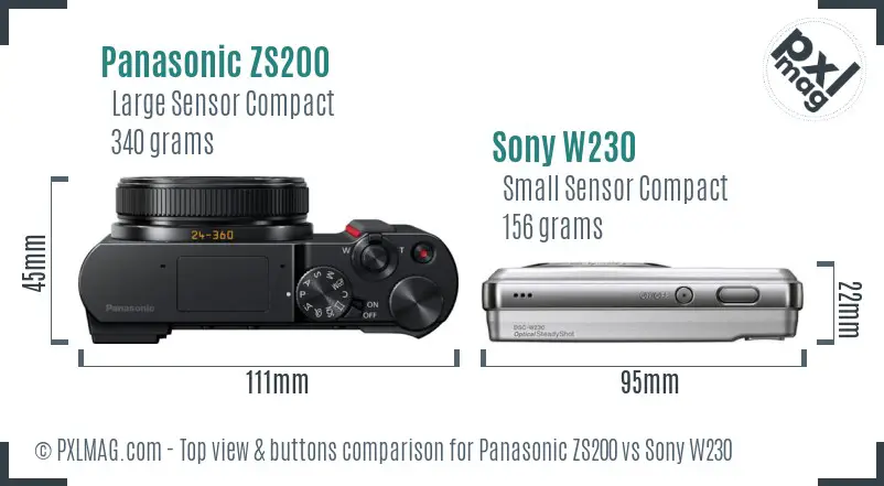 Panasonic ZS200 vs Sony W230 top view buttons comparison
