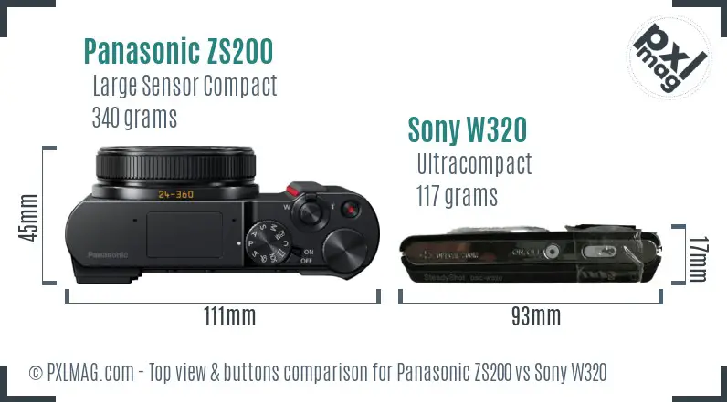 Panasonic ZS200 vs Sony W320 top view buttons comparison