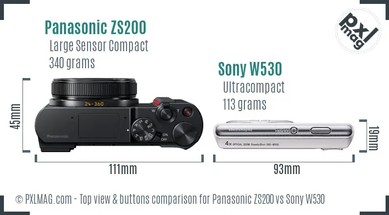Panasonic ZS200 vs Sony W530 top view buttons comparison