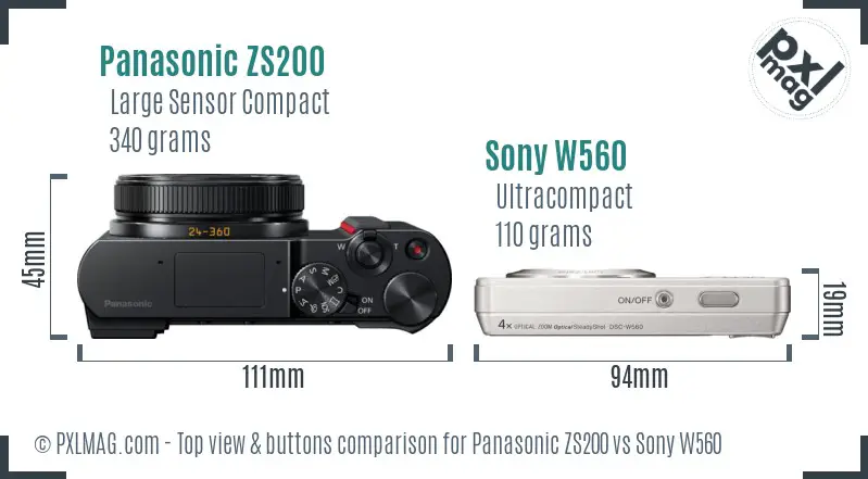 Panasonic ZS200 vs Sony W560 top view buttons comparison