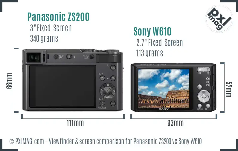 Panasonic ZS200 vs Sony W610 Screen and Viewfinder comparison