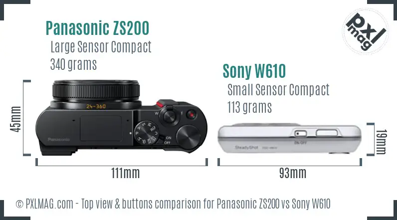 Panasonic ZS200 vs Sony W610 top view buttons comparison