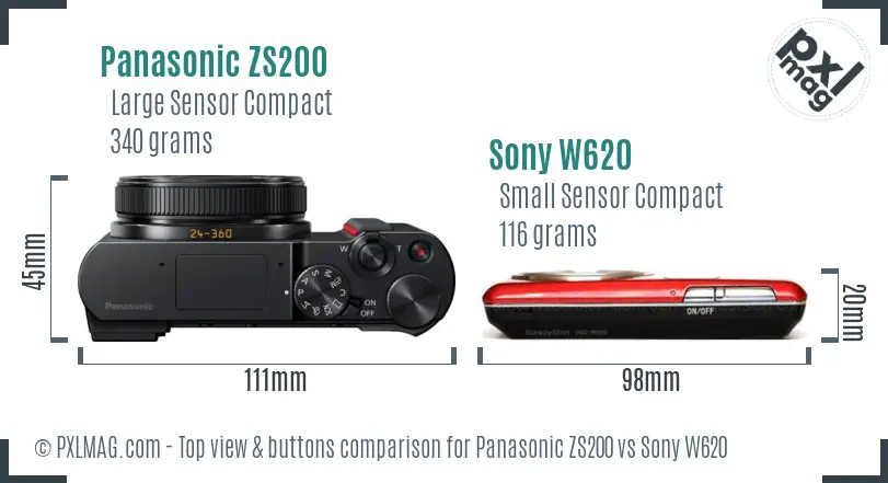 Panasonic ZS200 vs Sony W620 top view buttons comparison