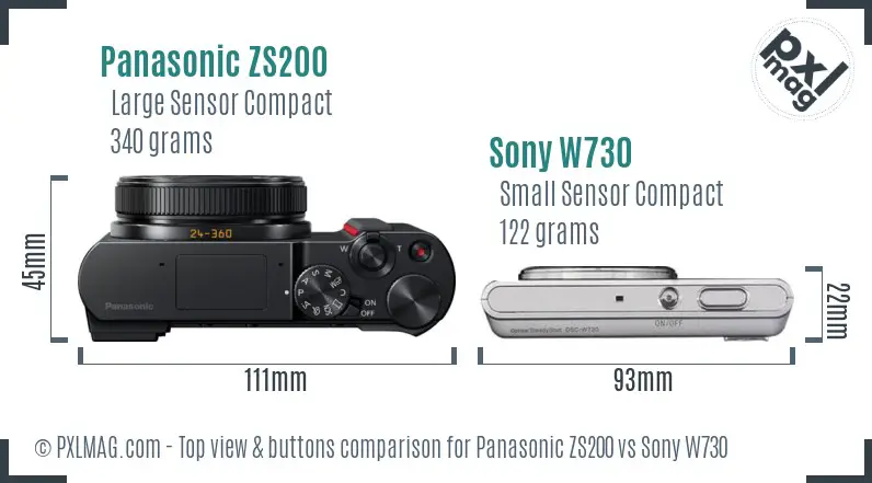 Panasonic ZS200 vs Sony W730 top view buttons comparison