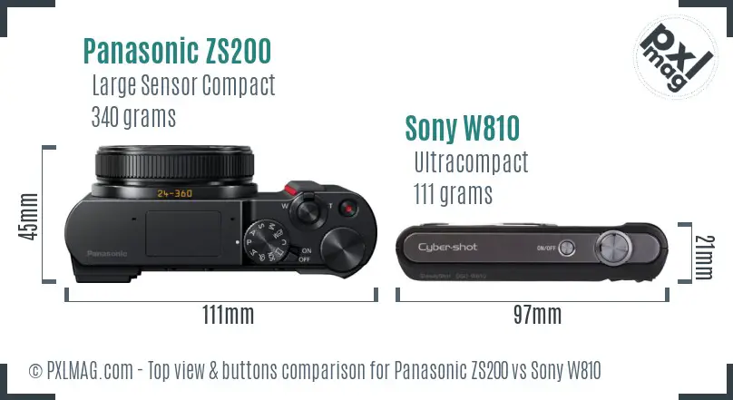 Panasonic ZS200 vs Sony W810 top view buttons comparison