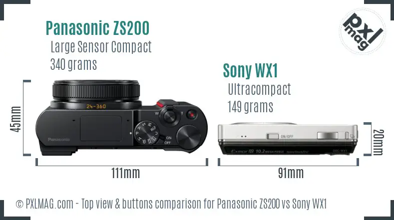 Panasonic ZS200 vs Sony WX1 top view buttons comparison