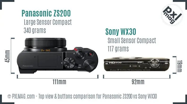Panasonic ZS200 vs Sony WX30 top view buttons comparison