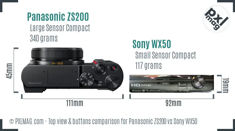 Panasonic ZS200 vs Sony WX50 top view buttons comparison