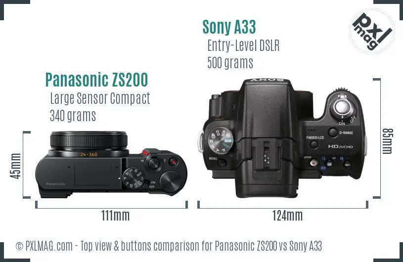 Panasonic ZS200 vs Sony A33 top view buttons comparison Panasonic ZS200 vs Sony A33 top view buttons comparison
