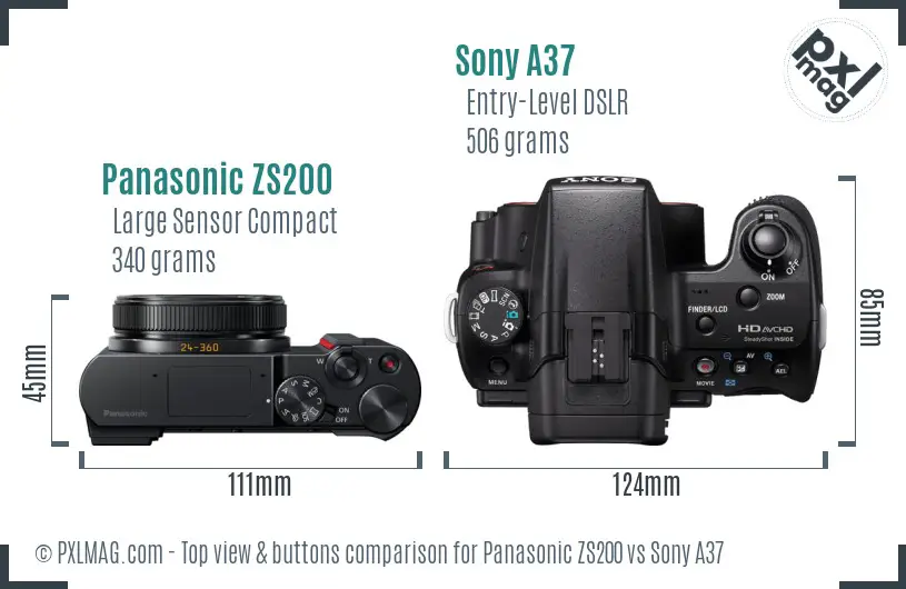 Panasonic ZS200 vs Sony A37 top view buttons comparison Panasonic ZS200 vs Sony A37 top view buttons comparison