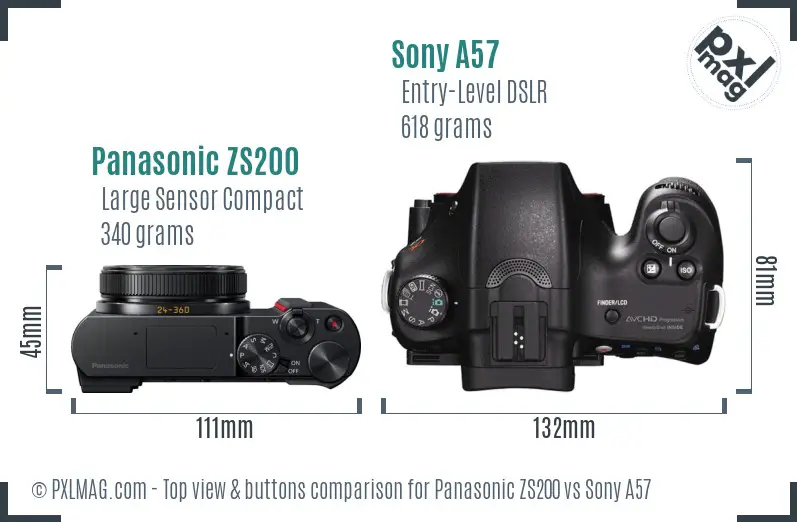 Panasonic ZS200 vs Sony A57 top view buttons comparison Panasonic ZS200 vs Sony A57 top view buttons comparison
