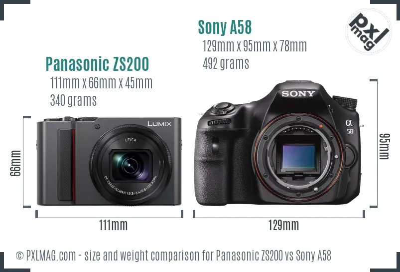 Panasonic ZS200 vs Sony A58 size comparison