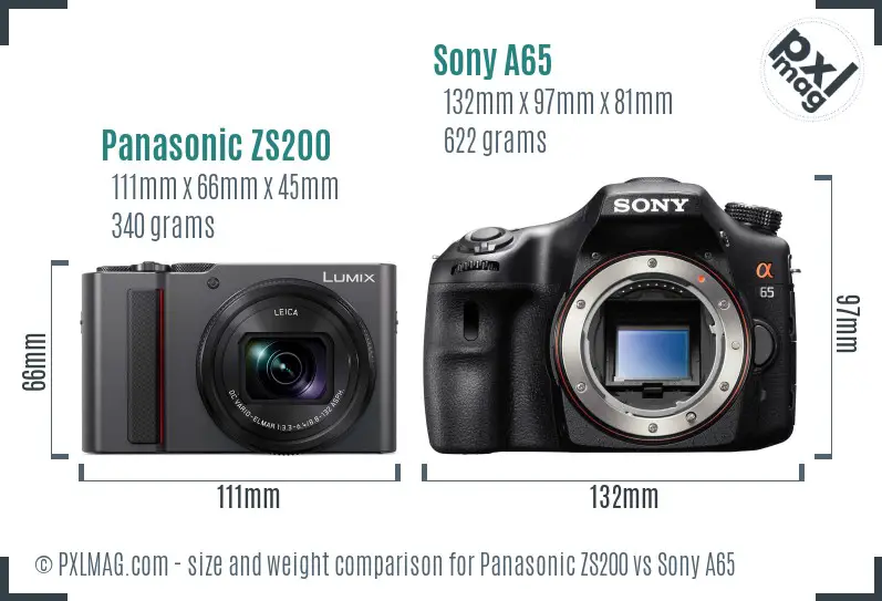 Panasonic ZS200 vs Sony A65 size comparison