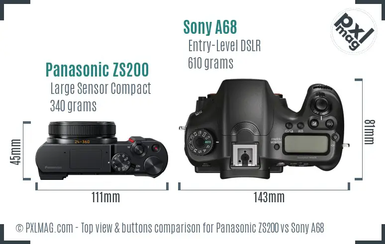 Panasonic ZS200 vs Sony A68 top view buttons comparison Panasonic ZS200 vs Sony A68 top view buttons comparison