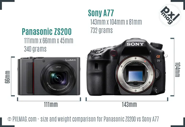 Panasonic ZS200 vs Sony A77 size comparison