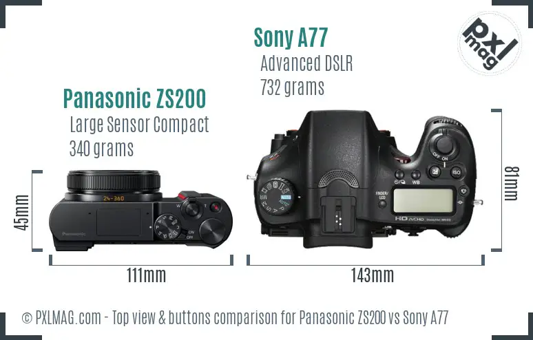 Panasonic ZS200 vs Sony A77 top view buttons comparison