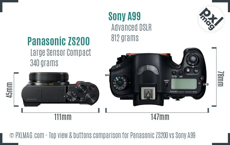 Panasonic ZS200 vs Sony A99 top view buttons comparison Panasonic ZS200 vs Sony A99 top view buttons comparison
