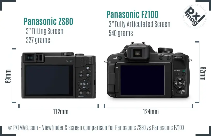 Panasonic ZS80 vs Panasonic FZ100 Screen and Viewfinder comparison