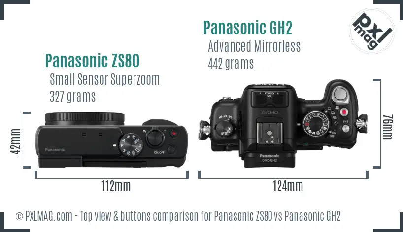 Panasonic ZS80 vs Panasonic GH2 top view buttons comparison