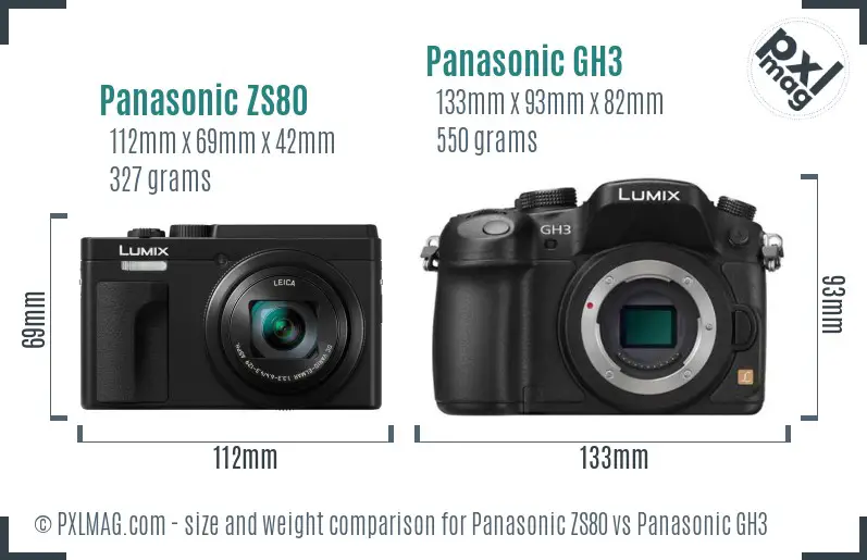 Panasonic ZS80 vs Panasonic GH3 size comparison