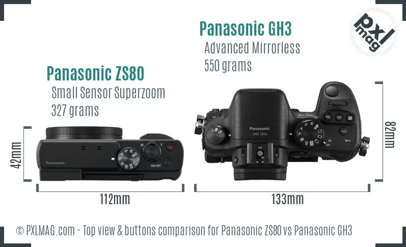 Panasonic ZS80 vs Panasonic GH3 top view buttons comparison