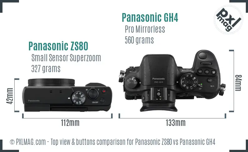 Panasonic ZS80 vs Panasonic GH4 top view buttons comparison