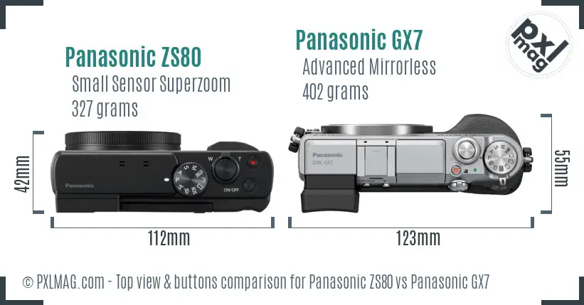 Panasonic ZS80 vs Panasonic GX7 top view buttons comparison