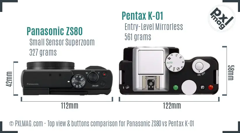 Panasonic ZS80 vs Pentax K-01 top view buttons comparison
