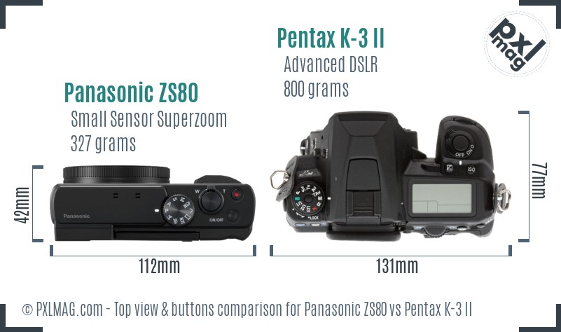 Panasonic ZS80 vs Pentax K-3 II top view buttons comparison
