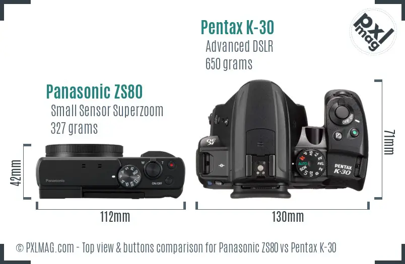Panasonic ZS80 vs Pentax K-30 top view buttons comparison