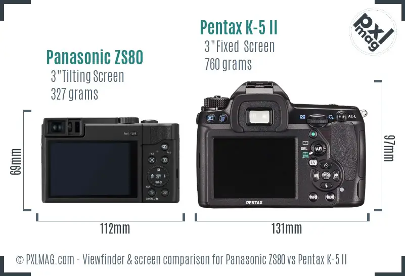 Panasonic ZS80 vs Pentax K-5 II Screen and Viewfinder comparison