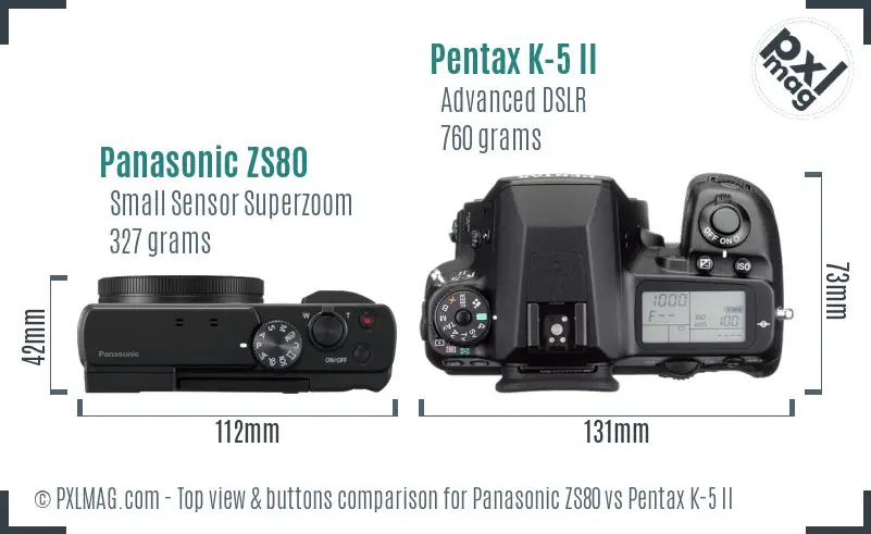 Panasonic ZS80 vs Pentax K-5 II top view buttons comparison