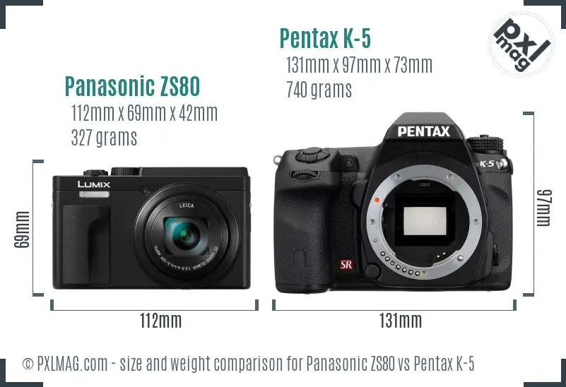 Panasonic ZS80 vs Pentax K-5 size comparison