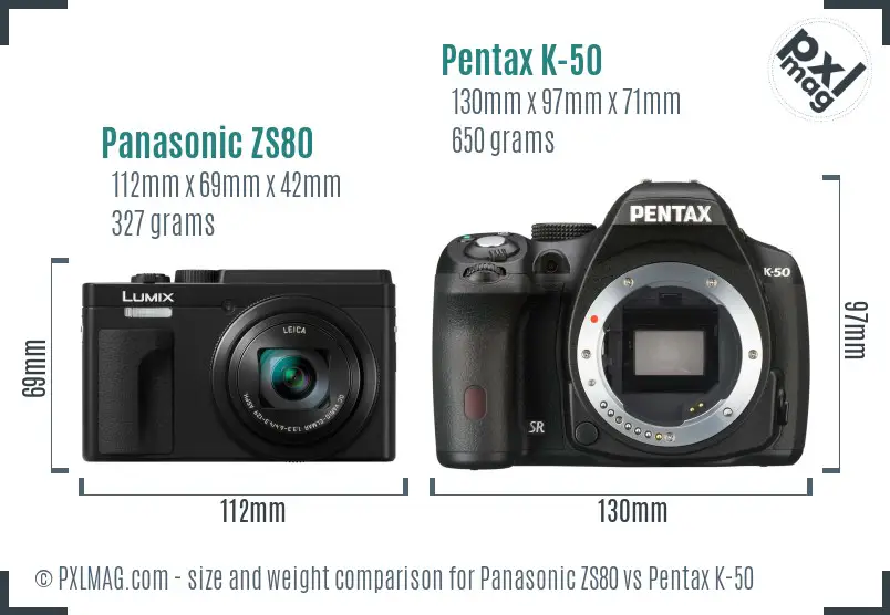 Panasonic ZS80 vs Pentax K-50 size comparison