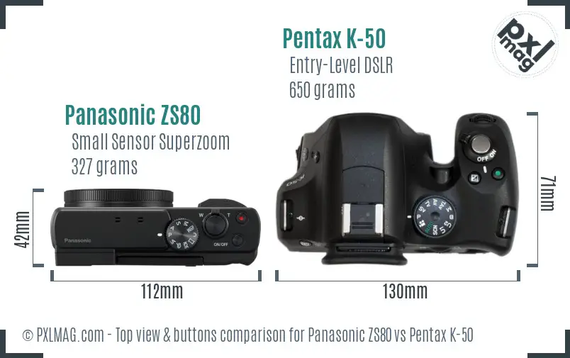 Panasonic ZS80 vs Pentax K-50 top view buttons comparison