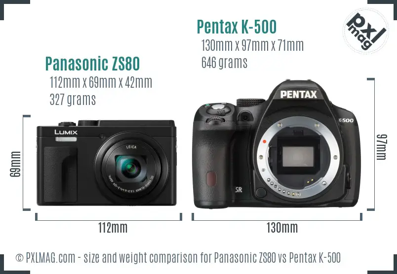 Panasonic ZS80 vs Pentax K-500 size comparison
