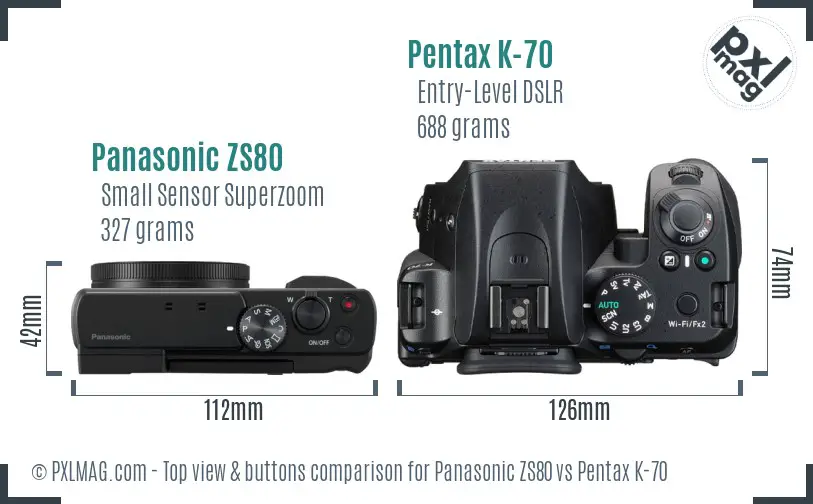 Panasonic ZS80 vs Pentax K-70 top view buttons comparison