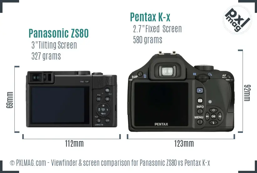 Panasonic ZS80 vs Pentax K-x Screen and Viewfinder comparison