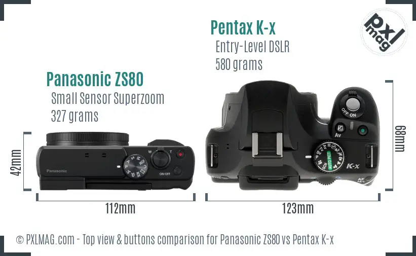 Panasonic ZS80 vs Pentax K-x top view buttons comparison