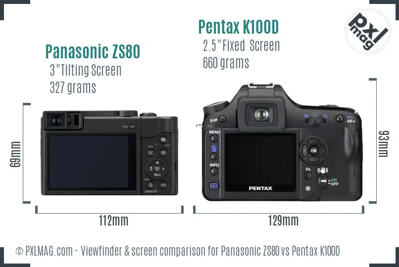 Panasonic ZS80 vs Pentax K100D Screen and Viewfinder comparison