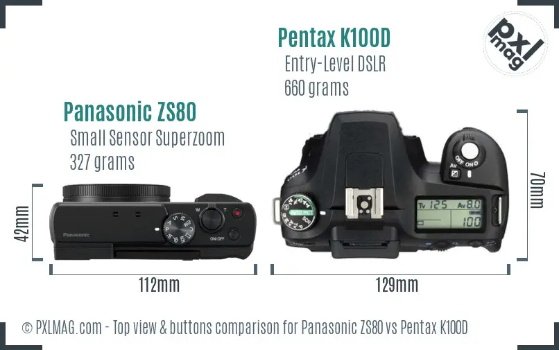 Panasonic ZS80 vs Pentax K100D top view buttons comparison