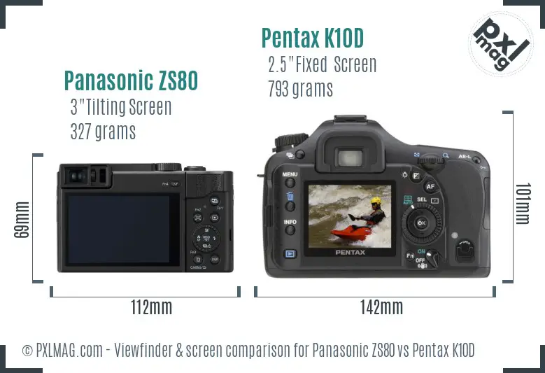 Panasonic ZS80 vs Pentax K10D Screen and Viewfinder comparison