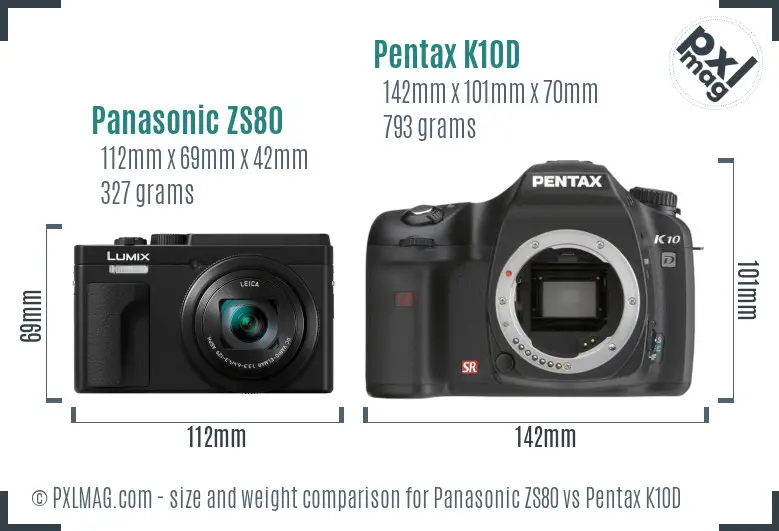 Panasonic ZS80 vs Pentax K10D size comparison
