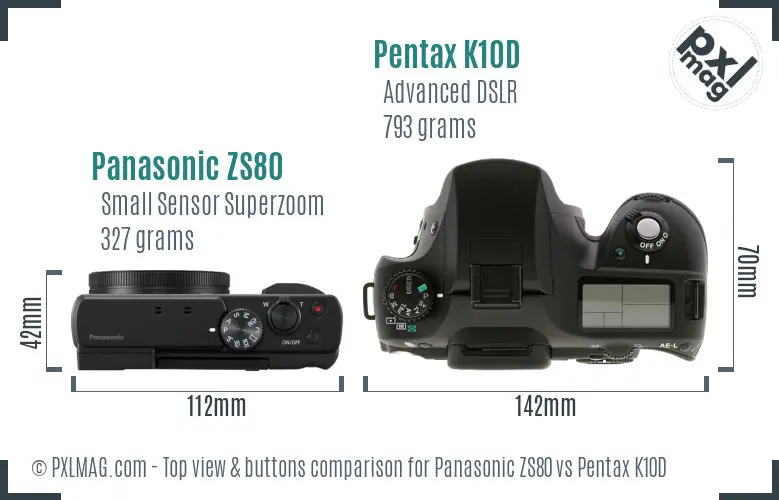Panasonic ZS80 vs Pentax K10D top view buttons comparison