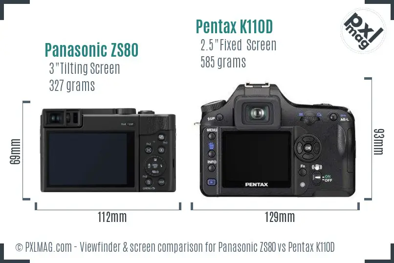 Panasonic ZS80 vs Pentax K110D Screen and Viewfinder comparison