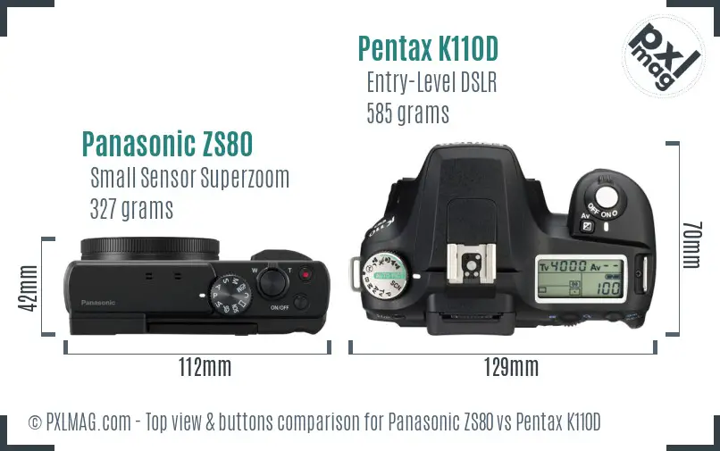 Panasonic ZS80 vs Pentax K110D top view buttons comparison